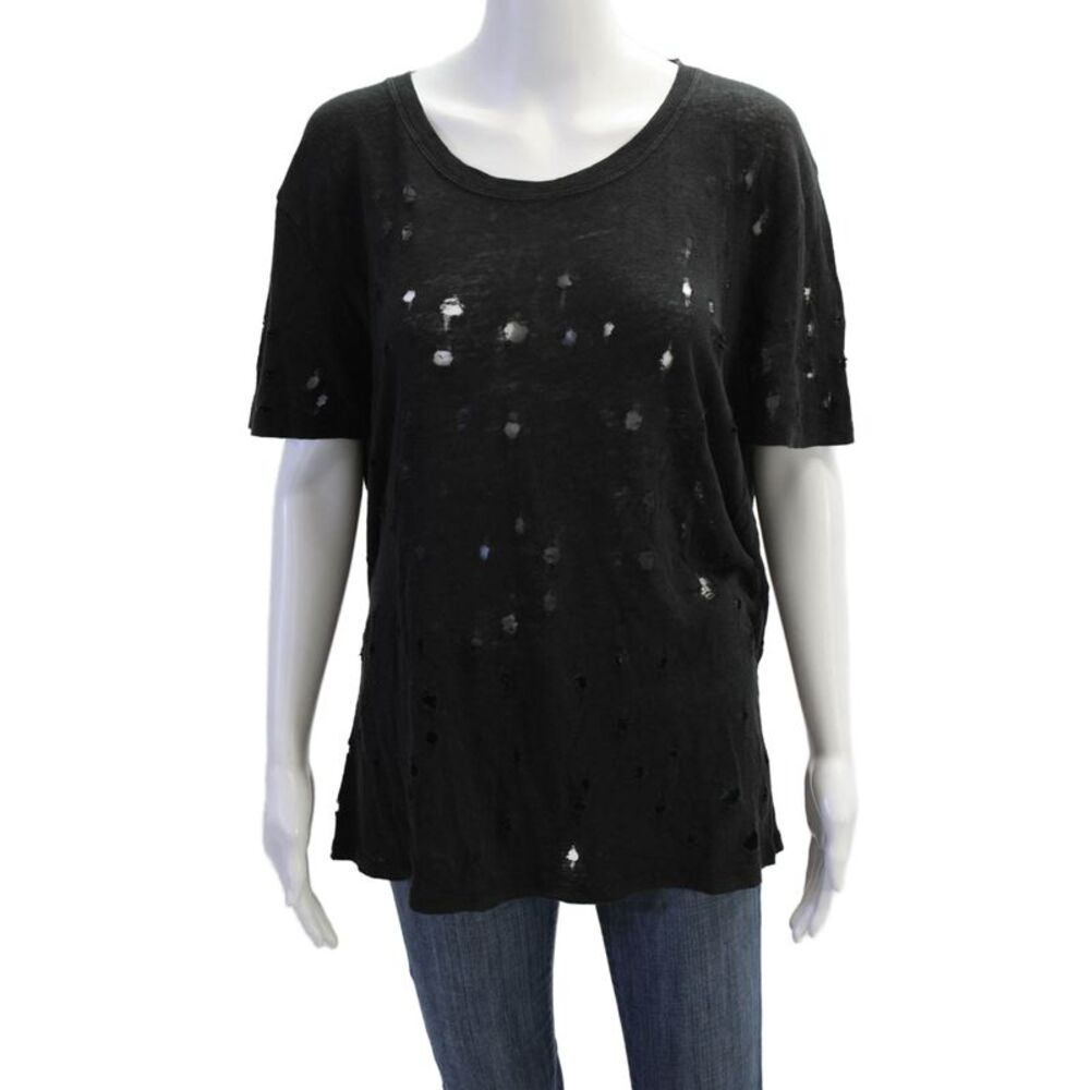 IRO Womens Black Linen Short Sleeve Basic T-Shirt Round Neck Grunge Size L